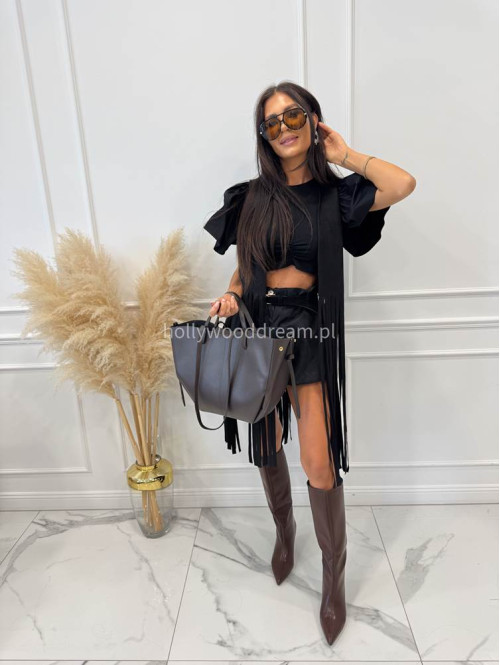 Bluzka krótka bawełniana na krótki rękaw z falbaną DIVA czarna 161 - photo #31