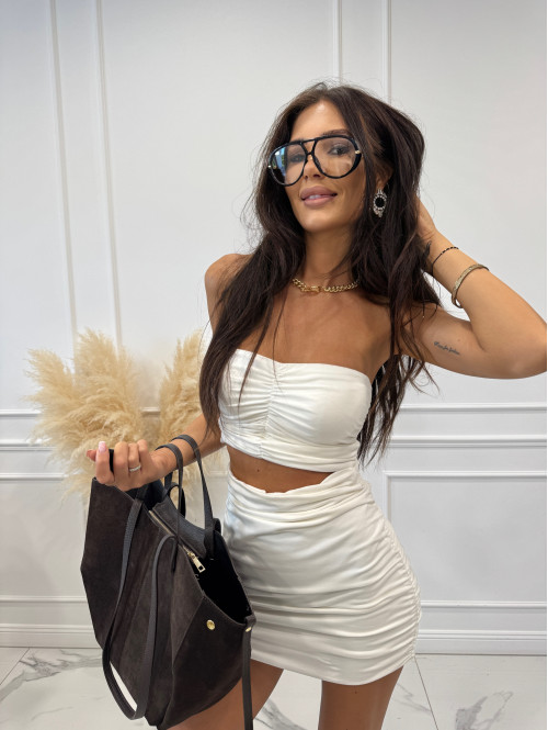 Komplet bawełniany top bandeau+ spódnica mini z marszczeniami DORIS biały 161