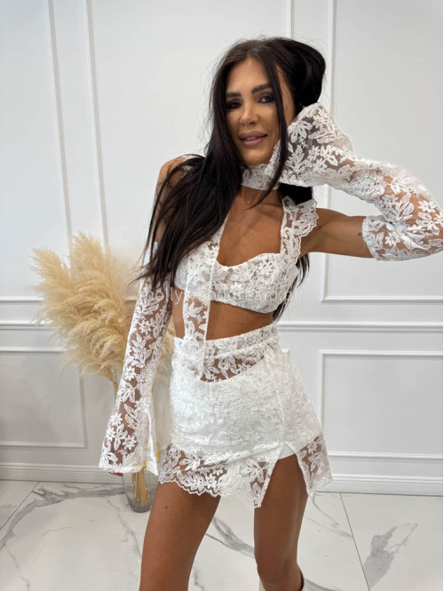 PRE ORDER Komplet koronkowy top+rękawki+spódnica mini POLA biały - photo #9