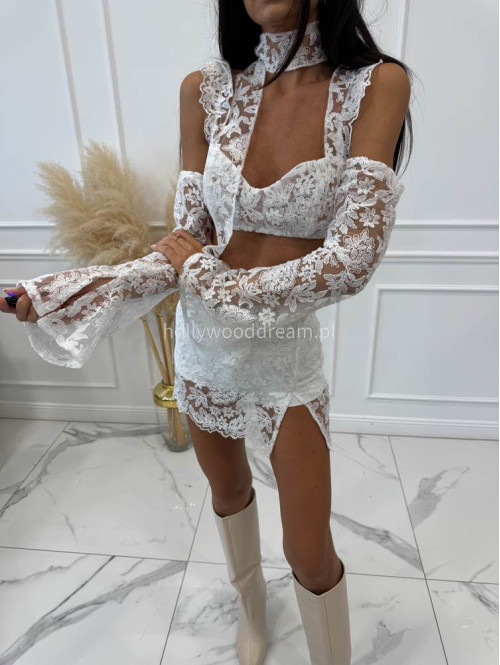 PRE ORDER Komplet koronkowy top+rękawki+spódnica mini POLA biały - photo #12