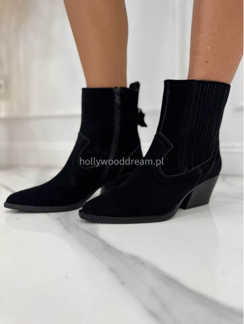Buty kowbojki krótkie w szpic zamszowe czarne TYMON