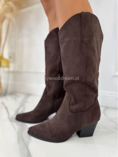 Buty kowbojki wysokie zamszowe brązowe KAIM - photo #1