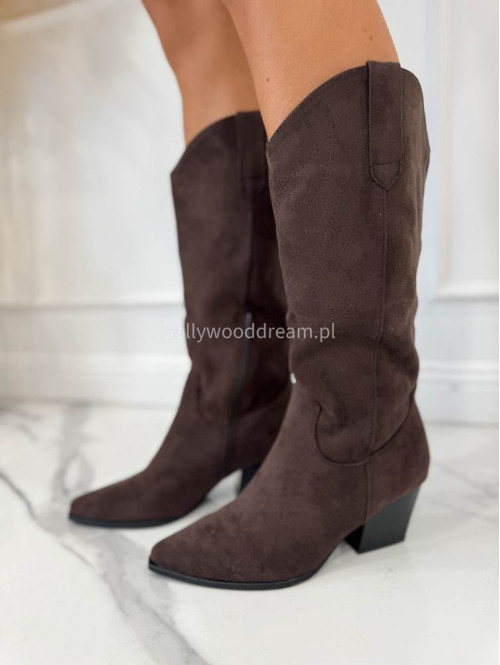 Buty kowbojki wysokie zamszowe brązowe KAIM - photo #2