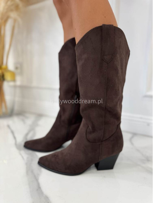 Buty kowbojki wysokie zamszowe brązowe KAIM - photo #3