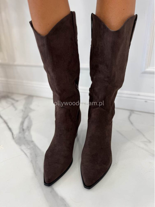 Buty kowbojki wysokie zamszowe brązowe KAIM - photo #6