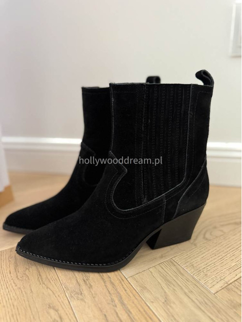 Buty kowbojki krótkie w szpic zamszowe czarne TYMON - photo #14