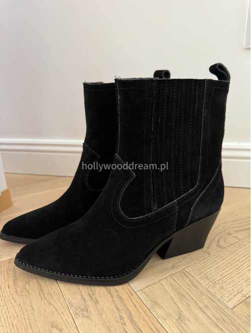 Buty kowbojki krótkie w szpic zamszowe czarne TYMON - photo #15