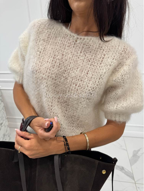 Sweter moherowy z krótkim rękawem i wycięciem na plecach kremowy PATI - photo #14