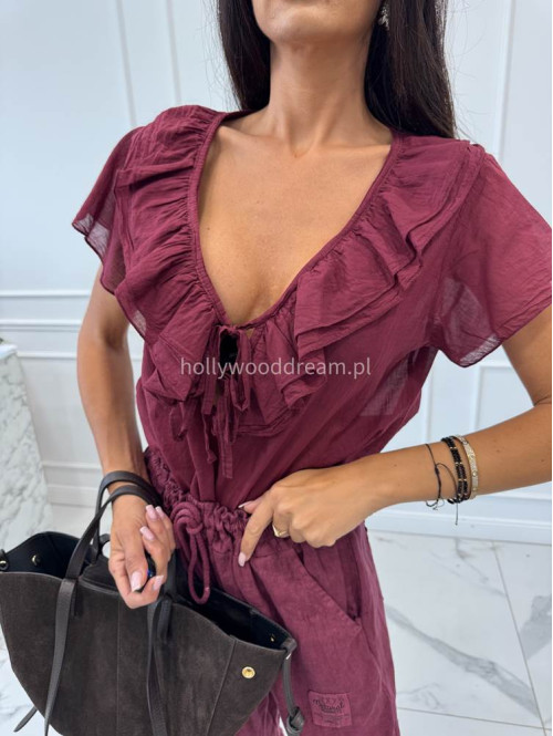 Bluzka na krótki rękaw z falbanami i wiązaniem przy dekolcie 100% bawełna bordowa HANIA - photo #12