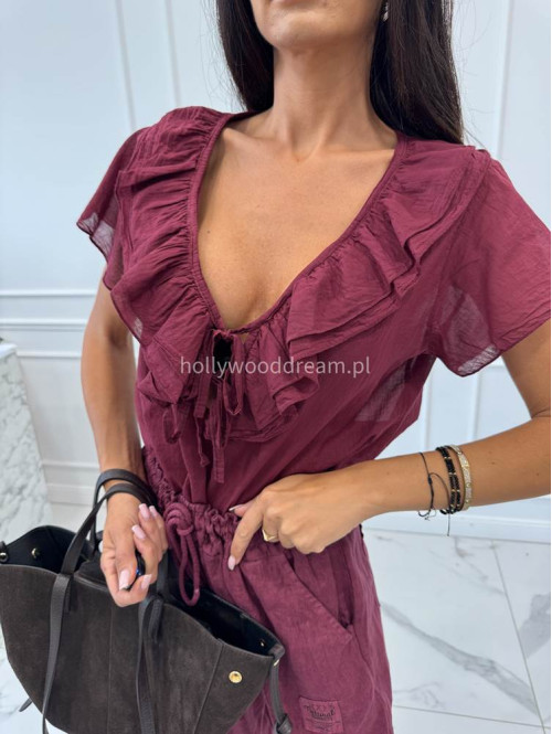 Bluzka na krótki rękaw z falbanami i wiązaniem przy dekolcie 100% bawełna bordowa HANIA - photo #13