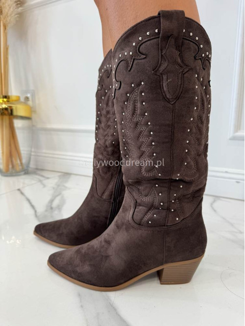 Buty kowbojki wysokie zamszowe we wzory i cyrkonie brązowe WESTERN - photo #1