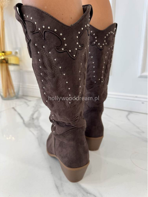 Buty kowbojki wysokie zamszowe we wzory i cyrkonie brązowe WESTERN - photo #3