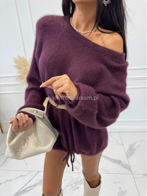 Sweter dłuższy z wiązaniem na dole bordowy ALICJA - photo #5