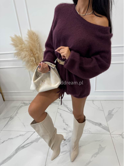 Sweter dłuższy z wiązaniem na dole bordowy ALICJA - photo #6