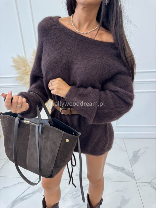 Sweter dłuższy z wiązaniem na dole czekoladowy ALICJA - photo #9