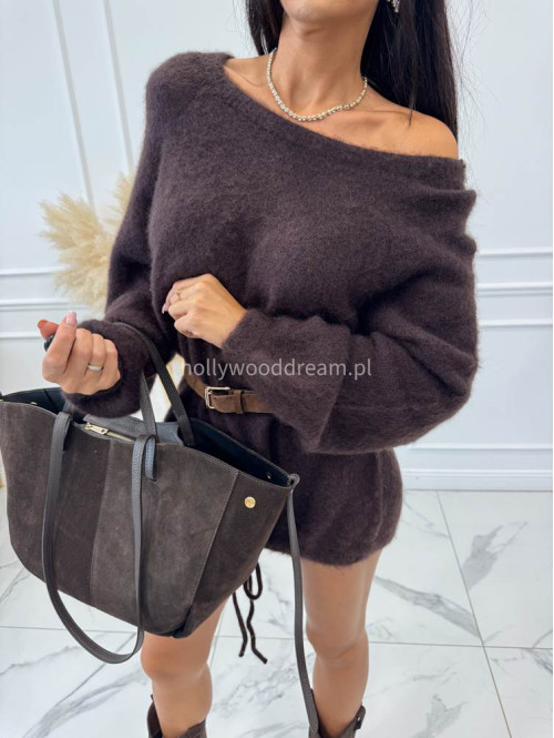 Sweter dłuższy z wiązaniem na dole czekoladowy ALICJA - photo #10