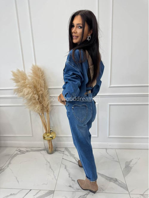 Spodnie boyfriend średni stan z sercem na kieszeniach ciemny jeans LOPEZ - photo #9