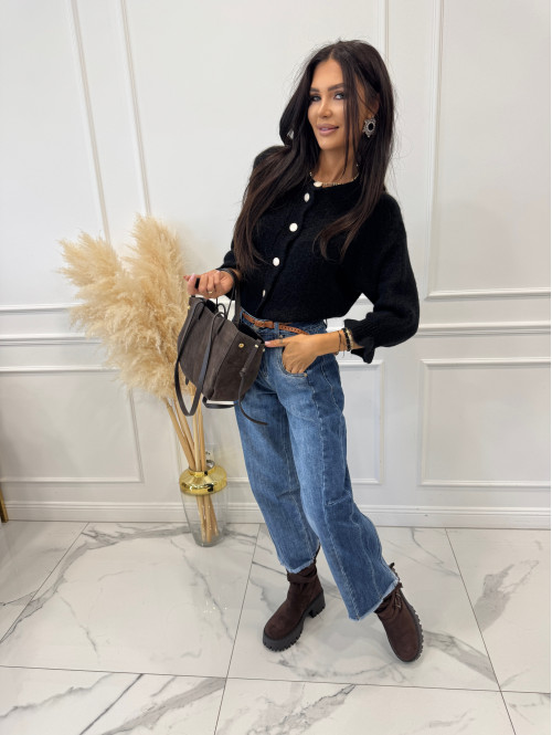 Spodnie z szeroką nogawką i paskiem ciemny jeans GOJA - photo #3