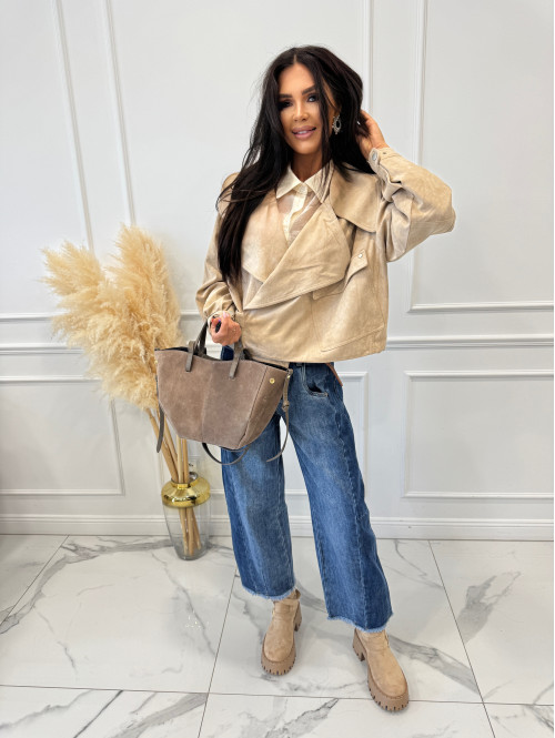 Spodnie z szeroką nogawką i paskiem ciemny jeans GOJA - photo #23