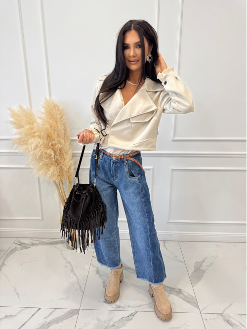 Spodnie z szeroką nogawką i paskiem ciemny jeans GOJA - photo #24