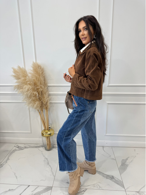 Spodnie z szeroką nogawką i paskiem ciemny jeans GOJA - photo #14