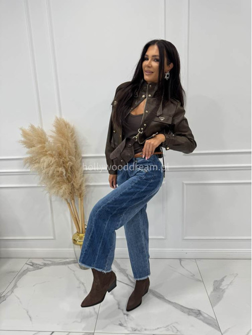 Spodnie z szeroką nogawką i paskiem ciemny jeans GOJA - photo #17