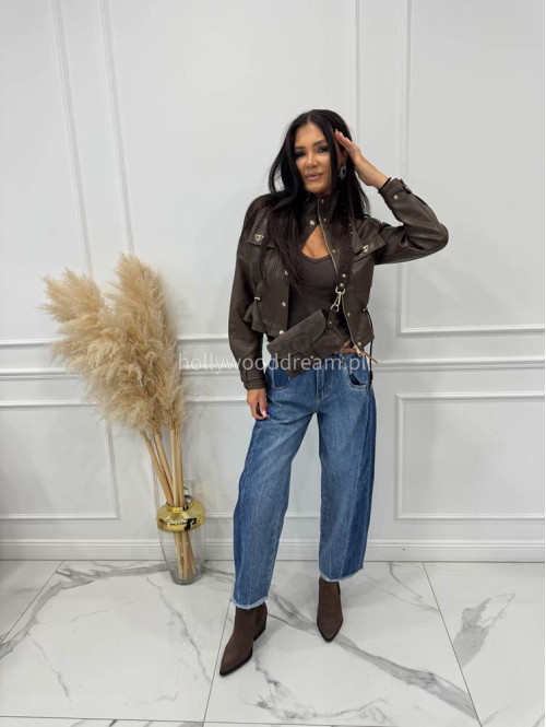 Spodnie z szeroką nogawką i paskiem ciemny jeans GOJA - photo #18