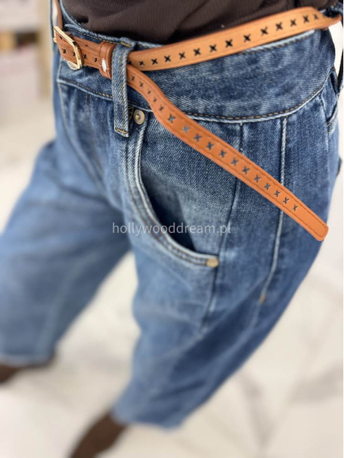 Spodnie z szeroką nogawką i paskiem ciemny jeans GOJA - photo #4