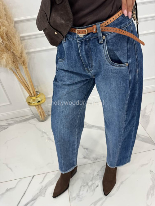Spodnie z szeroką nogawką i paskiem ciemny jeans GOJA - photo #5