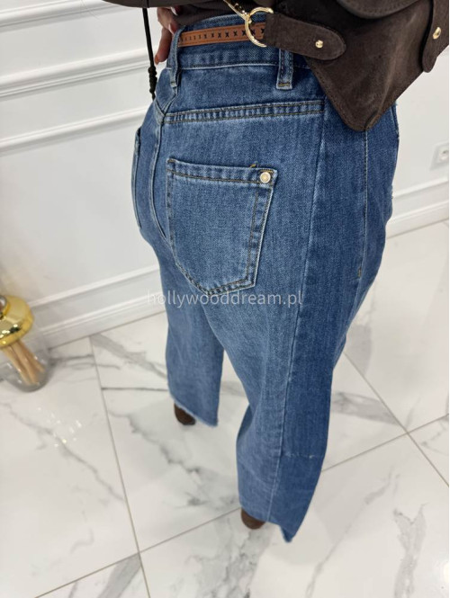 Spodnie z szeroką nogawką i paskiem ciemny jeans GOJA - photo #7