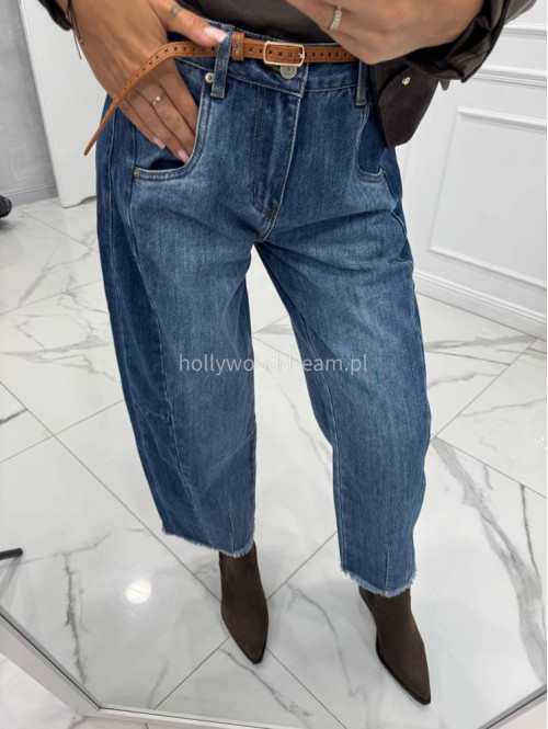 Spodnie z szeroką nogawką i paskiem ciemny jeans GOJA - photo #8