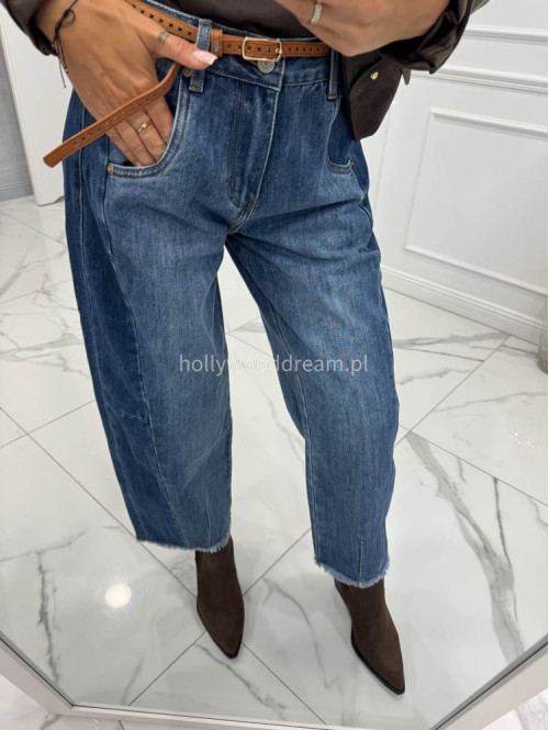Spodnie z szeroką nogawką i paskiem ciemny jeans GOJA - photo #9