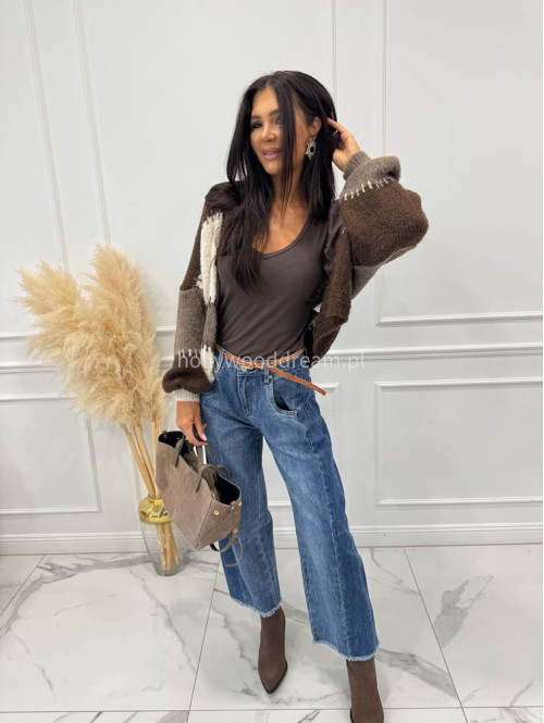 Spodnie z szeroką nogawką i paskiem ciemny jeans GOJA - photo #25