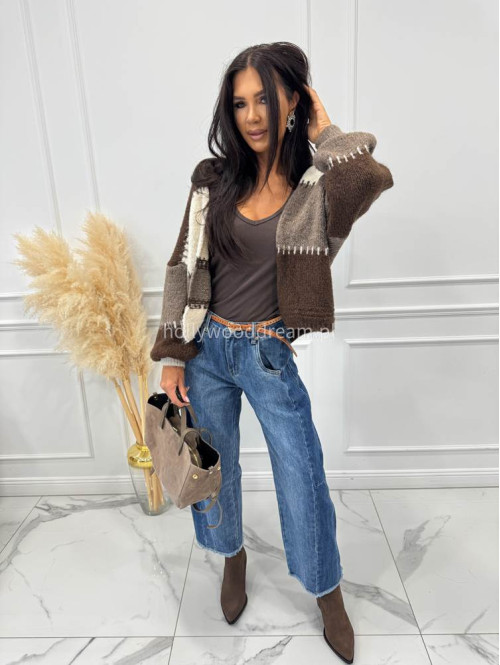 Spodnie z szeroką nogawką i paskiem ciemny jeans GOJA - photo #29