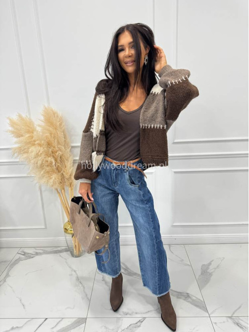 Spodnie z szeroką nogawką i paskiem ciemny jeans GOJA - photo #30