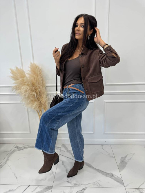 Spodnie z szeroką nogawką i paskiem ciemny jeans GOJA - photo #44