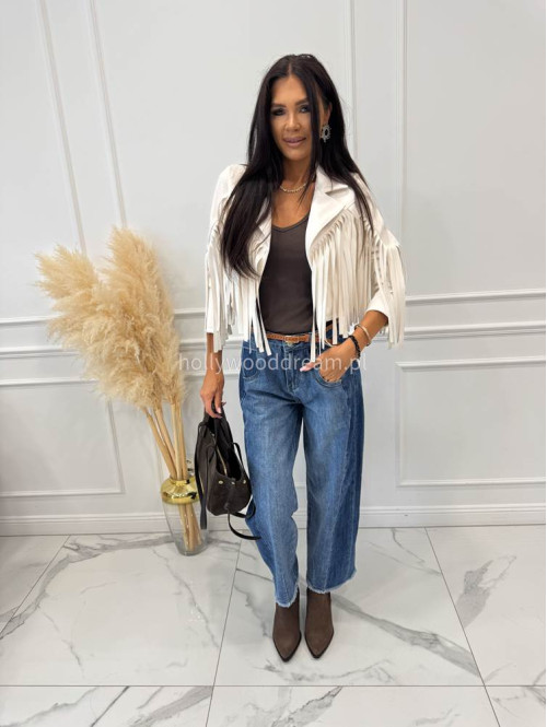 Spodnie z szeroką nogawką i paskiem ciemny jeans GOJA - photo #48