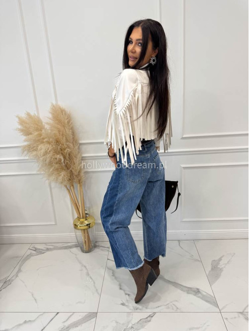 Spodnie z szeroką nogawką i paskiem ciemny jeans GOJA - photo #49