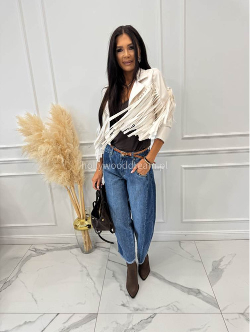 Spodnie z szeroką nogawką i paskiem ciemny jeans GOJA - photo #50