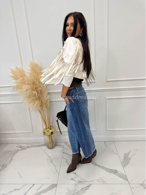 Spodnie z szeroką nogawką i paskiem ciemny jeans GOJA - photo #51