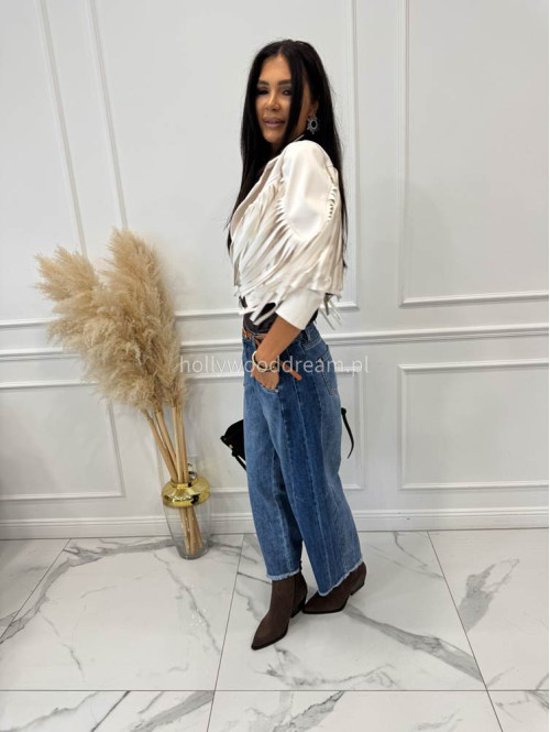 Spodnie z szeroką nogawką i paskiem ciemny jeans GOJA - photo #52