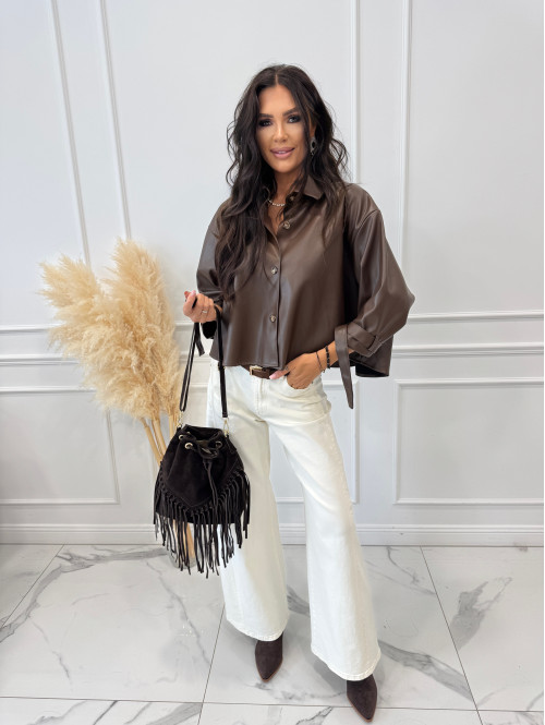 Kremowe spodnie jeansowe bawełniane z szeroką nogawką RAFIL 52 - photo #28