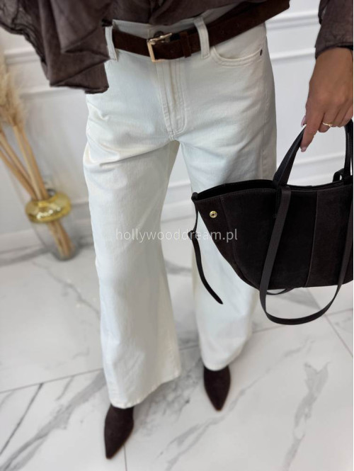 Kremowe spodnie jeansowe bawełniane z szeroką nogawką RAFIL 52 - photo #29