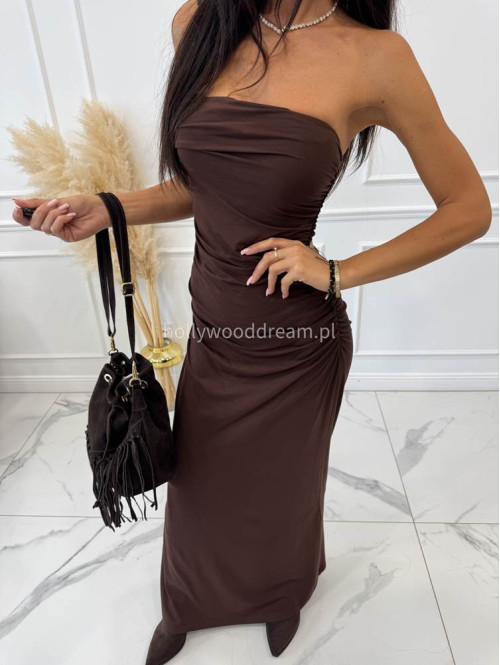 Sukienka maxi tuba bez ramiączek z wiskozą czekoladowa ELIZA - photo #7