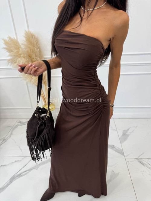 Sukienka maxi tuba bez ramiączek z wiskozą czekoladowa ELIZA - photo #8