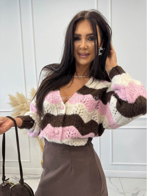 Sweter zygzaki zapinany na guziki różowo biało czekoladowy ALIS - photo #5