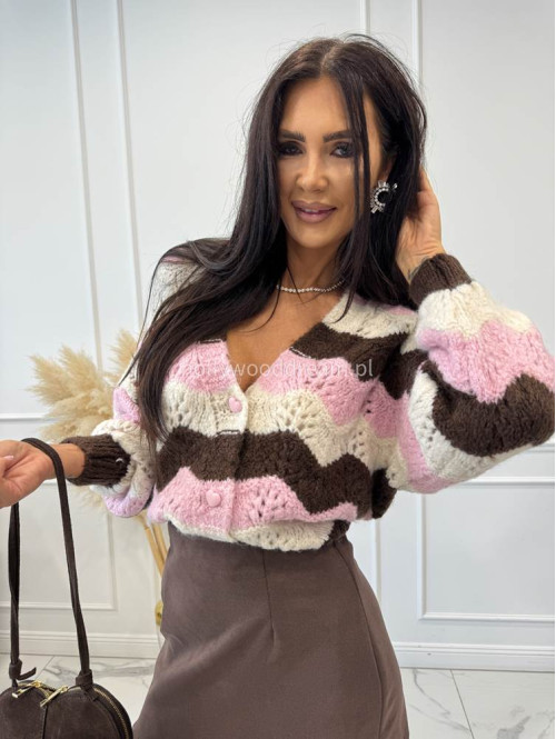 Sweter zygzaki zapinany na guziki różowo biało czekoladowy ALIS - photo #7