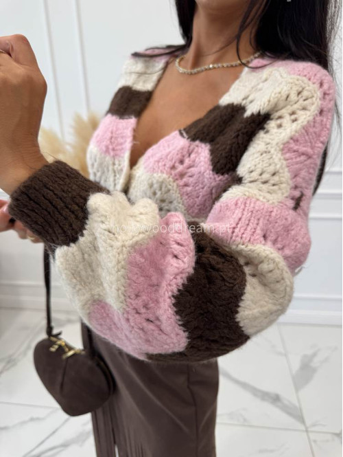 Sweter zygzaki zapinany na guziki różowo biało czekoladowy ALIS - photo #9