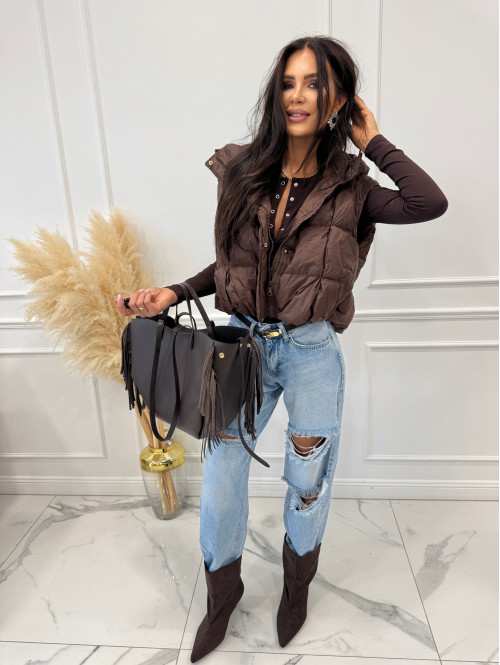 Torebka średnia shopper skóra węża z frędzlami z wkładem czekoladowa BOHO - photo #19
