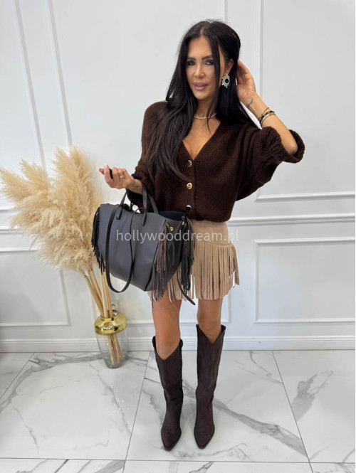 Torebka średnia shopper skóra węża z frędzlami z wkładem czekoladowa BOHO - photo #37